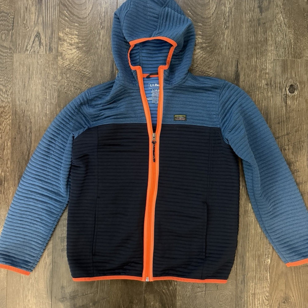 LL Bean Jacket Youth Large 14-16 Blue And Navy Zip Up Hoodie Jacket With Pockets